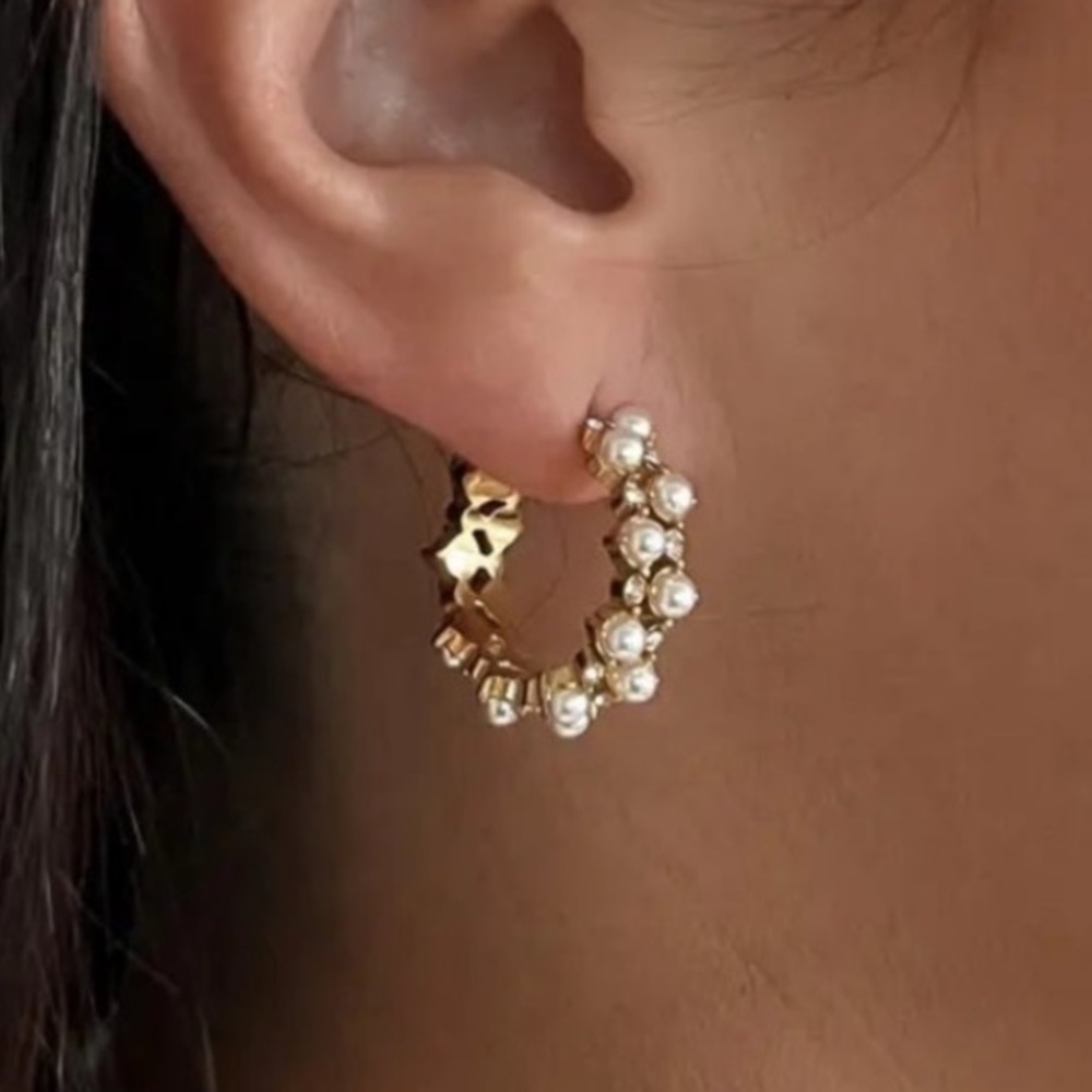 Beljoy 18k Gold Plated Empanda Pearl Studded Hoop Earrings 3/4” Hypoallergenic